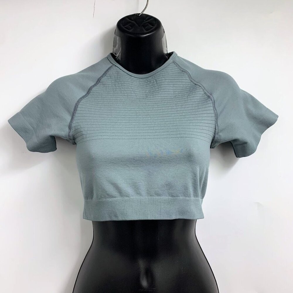 Alphalete Womens Cropped Athletic Striped Short Sleeve Stretch Yoga Shirt Size S